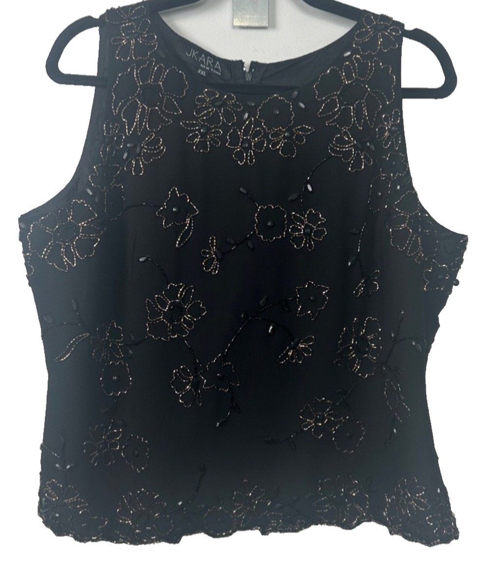 JKARA New York Beaded Top Blouse Shirt XXL Sleeveless Scalloped Black Bronze A21